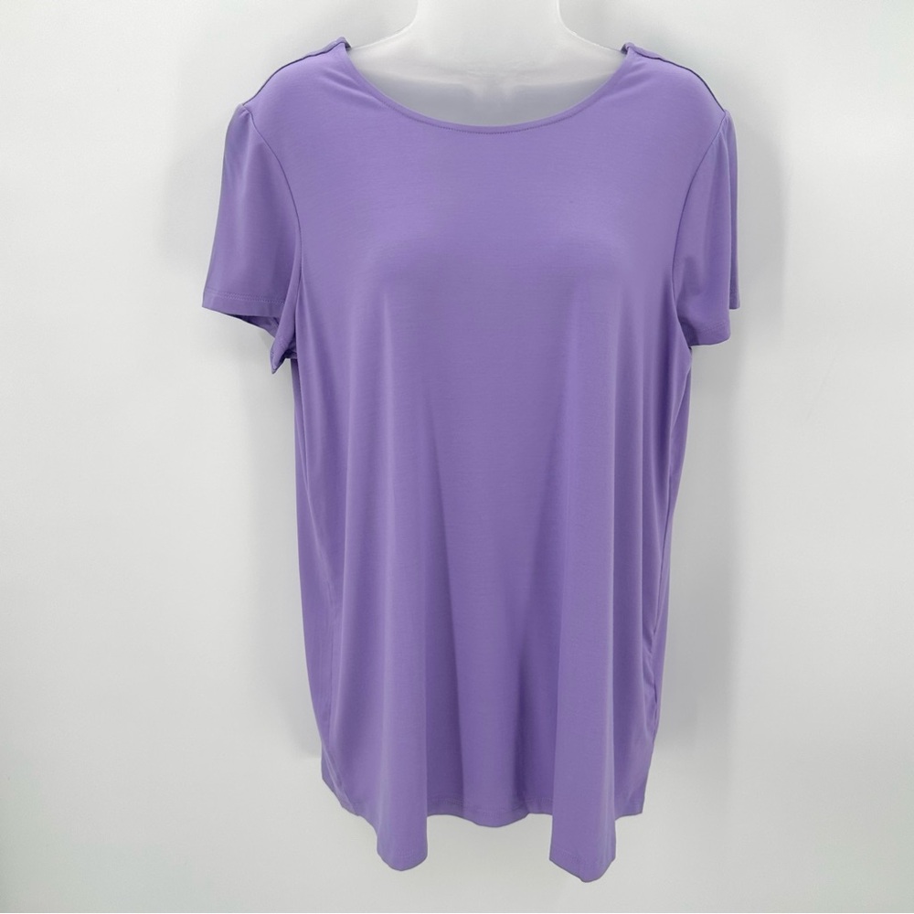 Susan Graver Weekend Top Womens M Purple Cool Touch Knit Short Slv M Cut Out Tee